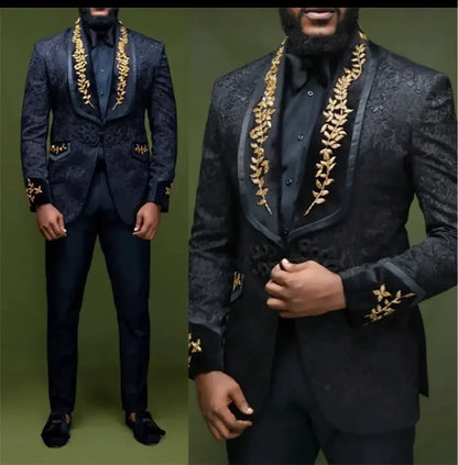 Black Floral Men Suits with Buttons Shawl Lapel Jacket with Pants 2  Piece Wedding Groom Tuxedo ( Blazer + Trousers) 2024