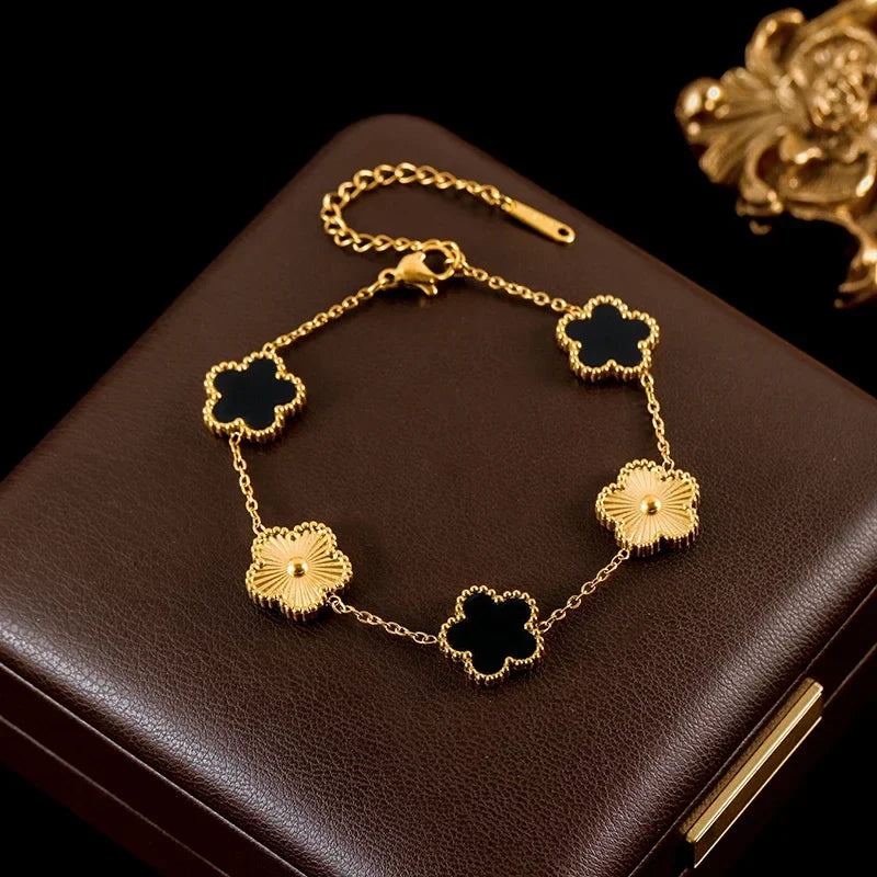 Stainless Steel White Plum Blossom Plant Leaf Flower Set Reversible Necklace Earrings Bracelet Women Clover Jewelry