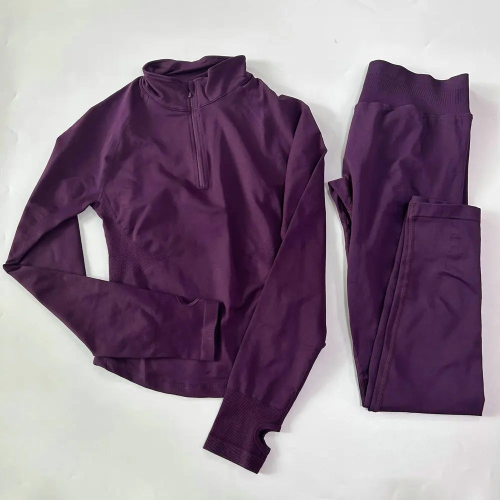 Women 2pcs Yoga Sets Long Sleeve Jacket Sport Top With Half Zip High Waisted Leggings Fitness Suits Seamless Running Workout Set