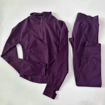 Women 2pcs Yoga Sets Long Sleeve Jacket Sport Top With Half Zip High Waisted Leggings Fitness Suits Seamless Running Workout Set
