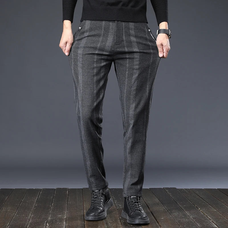 Autumn New Men's Slim Casual Pants  Fashionable Fit Elastic Business Pants High Quality Stripe Classic 3-colors Male Trousers