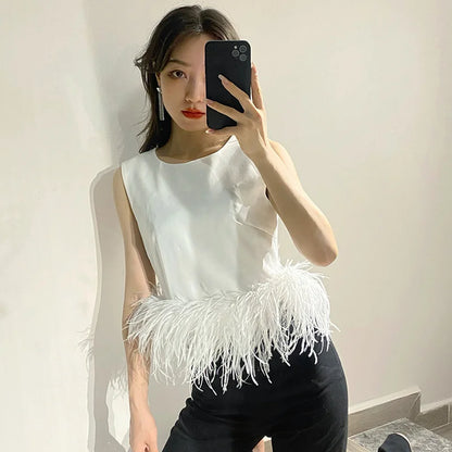 Black Patchwork Feathers Korean Fashion Shirt Top Women Round Neck Sleeveless Slim Tops Female 2021 Summer Clothing