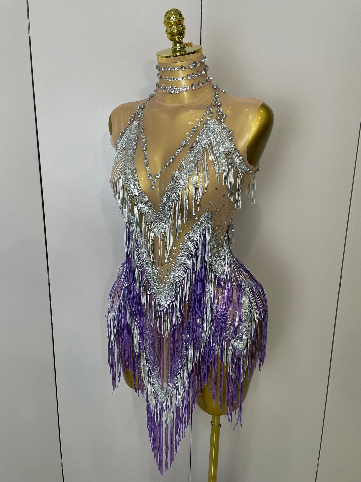 Women Sexy Stretch Mesh Sparkly Rhinestone Tassels Mini Dress Nightclub Singer Dance Stage Costume Evening Gowns