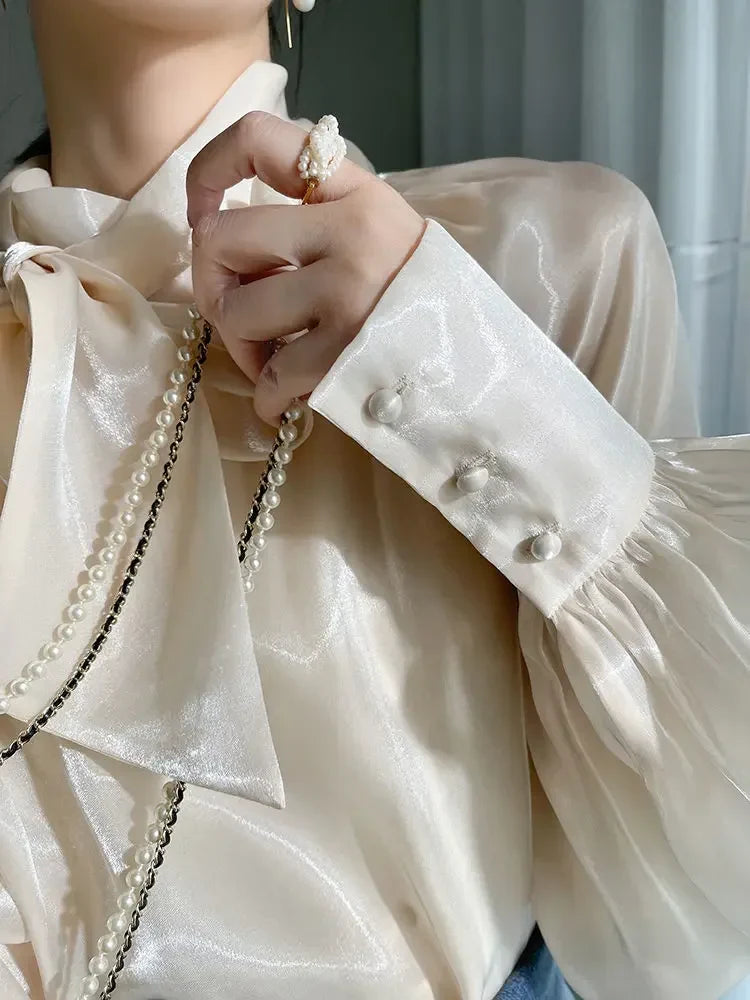 Women's Satin Blouses Stylish Big Bow Shirts 2023 Spring Autumn New Fashion Korean Edition Casual Puff Sleeve Female Solid Top