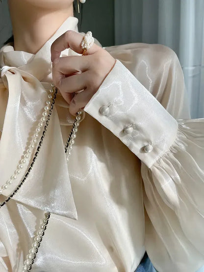 Women's Satin Blouses Stylish Big Bow Shirts 2023 Spring Autumn New Fashion Korean Edition Casual Puff Sleeve Female Solid Top