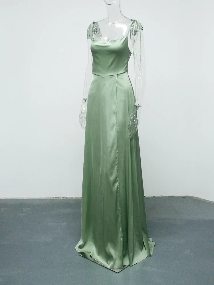 Sexy Mint Backless LaceUp Bridesmaid Dress Evening Gown Green Satin Slip Slit Leg Square Neck Wedding Party Long Dresses