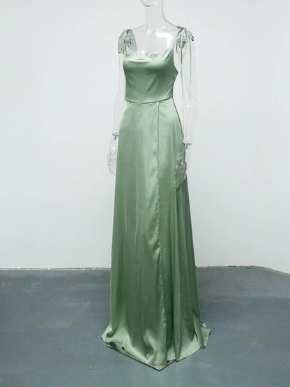 Sexy Mint Backless LaceUp Bridesmaid Dress Evening Gown Green Satin Slip Slit Leg Square Neck Wedding Party Long Dresses