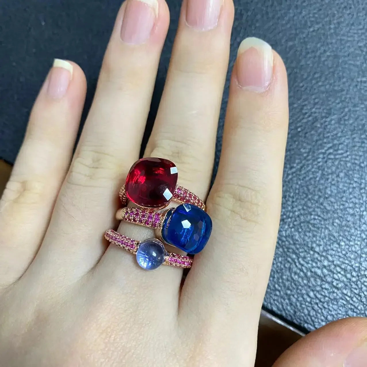 Conjunto de 3 anéis empilháveis ​​Nudo para mulheres, conjunto com cores mistas, cristais tipo bala incrustados, zircônia, ametista, topázio azul, joia redonda, presente