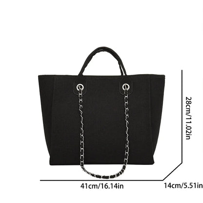 Matte Canvas Shoulder Bag Solid Color with Chain Strap Lightweight Large Capacity Embroidered Zipper Classic Handbag