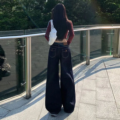 Vintage Washed Wide Leg Jeans Women Deep Blue High Waist