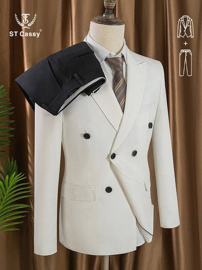 Elegant brown Double Breasted Suit Set 2 Piece Business Wedding Outfit Classic Stylish Blazer Pants Modern Trendy