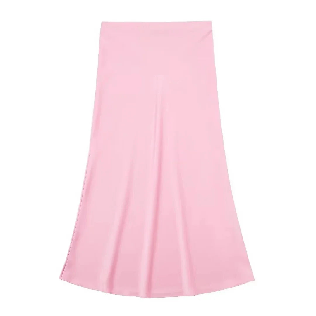 2024 Y2K Casual Women Long Skirt Spring Elastic High Waisted A-Line Casual Female Satin Skirts High Street Lady Skirts
