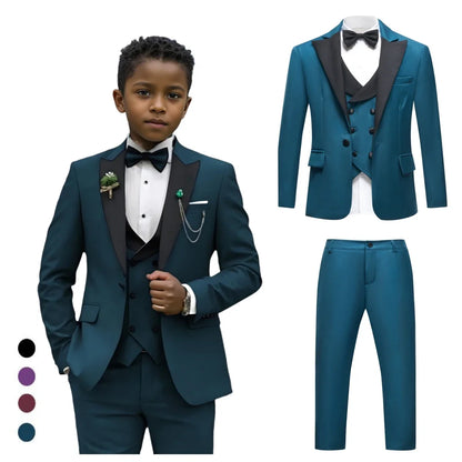 Vintage 4-Piece Suit Set for Boys 3-14 Years, Black Peak Laple Kids Formal Tuxedo Set, Blazer Vest Pants Bow-tie Graduation Suit
