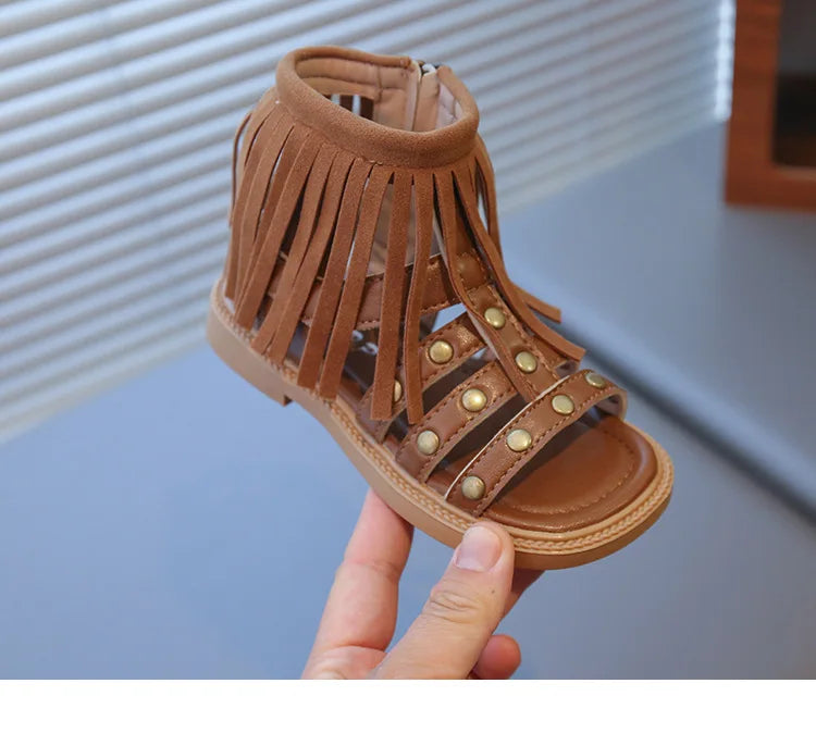 England Style Fashion Tassel Sandals Summer New Side Zipper Rivet High-top Sandals Student Beige Brown Roman Shoes Fringe I05235