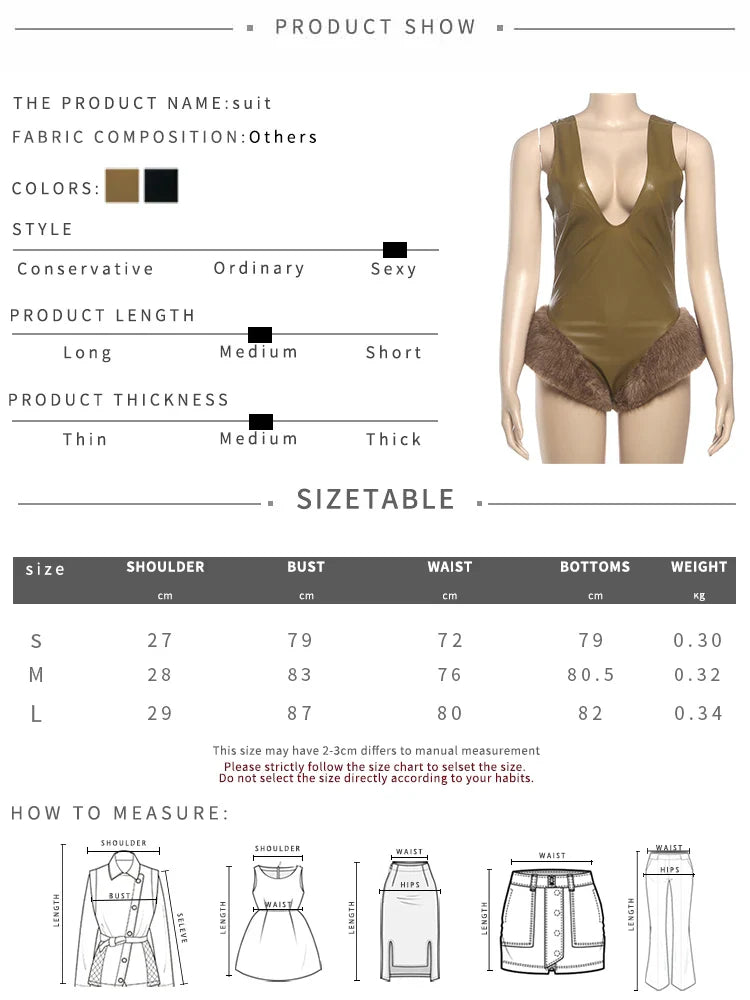 Faux Leather Skinny Bodysuits Woman Low-Neck Backless Sleeveless Furry Patchwork Hem Hot Girls High Street Style Bodycon