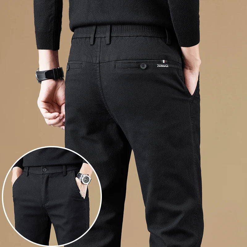 2024 Spring New Business Casual Pants Men Thick Slim Elastic Waist Trousers Classic Brown Black Grey High Quality Male Clothes
