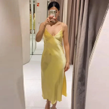 Womens Yellow Slip Dress Summer 2025 Woman Satin V-Neck Party Dresses Elegant Evening Sleeveless Backless Long Vestidos 066