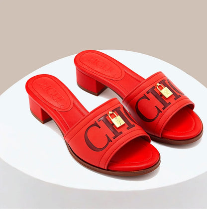 Fashion Monogram Print Elegant Design Women's Low Heeled Slippers Solid Color High Quality Metal Lock Simple Single Shoes