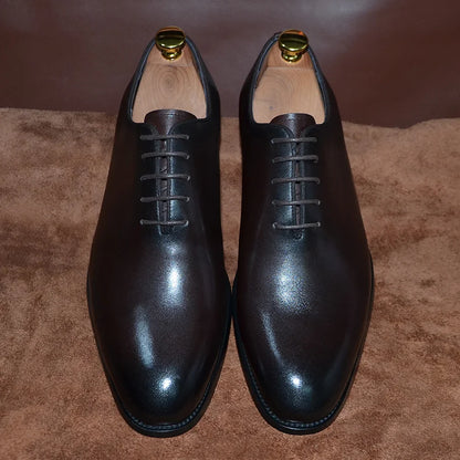 Brand Designer Whole Cut Oxford Dress Shoes Men Genuine Leather Handmade Lace Up Plain Toe Business Office Formal Wedding Shoe
