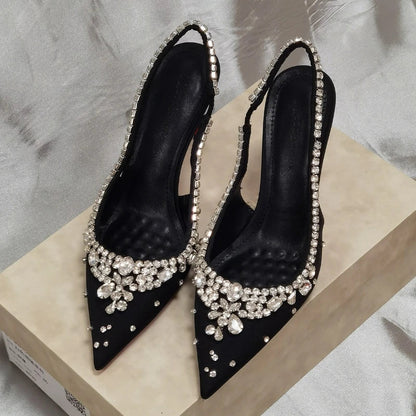 Luxury Diamonds Designer High Heels Women Satin Pointy Toe Pumps Rhinestone Sandals Female Shiny Sexy Wedding Dress Party Shoes