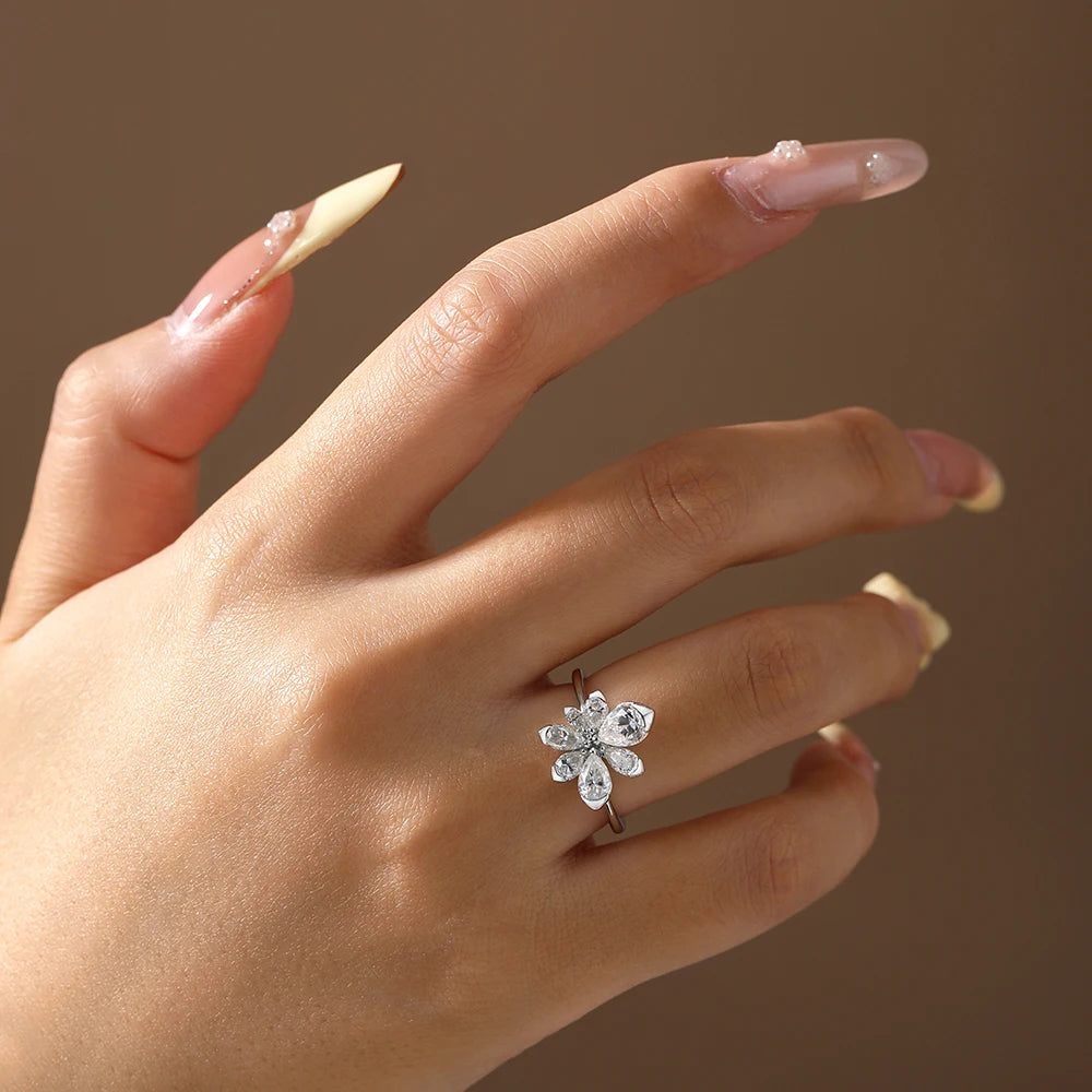 925 Sterling Silver Luxury Women Ring Flowers D VVS1 Moissanite Pear-cut Engagement Band Anniversary Gift Fine Jewelry
