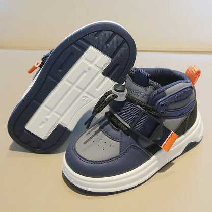 Comfy Kids Boys and Girls Navy Blue and Gray Color-Blocked High-Top Sneakers, Breathable Mesh Surface with Rotating Buckle and Velcro, Wear-Resistant, Grip-Enhancing, Lightweight Children's Shoes, Suitable for Spring and Autu
