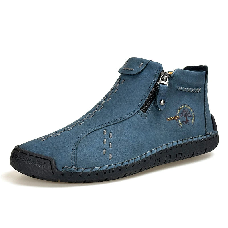 Sapatos Masculinos Clássicos de Couro Feitos à Mão, Design com Zíper, Tênis Esportivos para o Ar Livre, Sapatos Casuais Respiráveis com Elástico, Botas Masculinas de Couro no Tornozelo