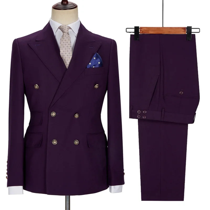 Men Suit 2 Pieces Beige Double Breasted Solid Color For Business Casual Wedding Groom Banquet Work Tuxedo Set Jacket With Pants