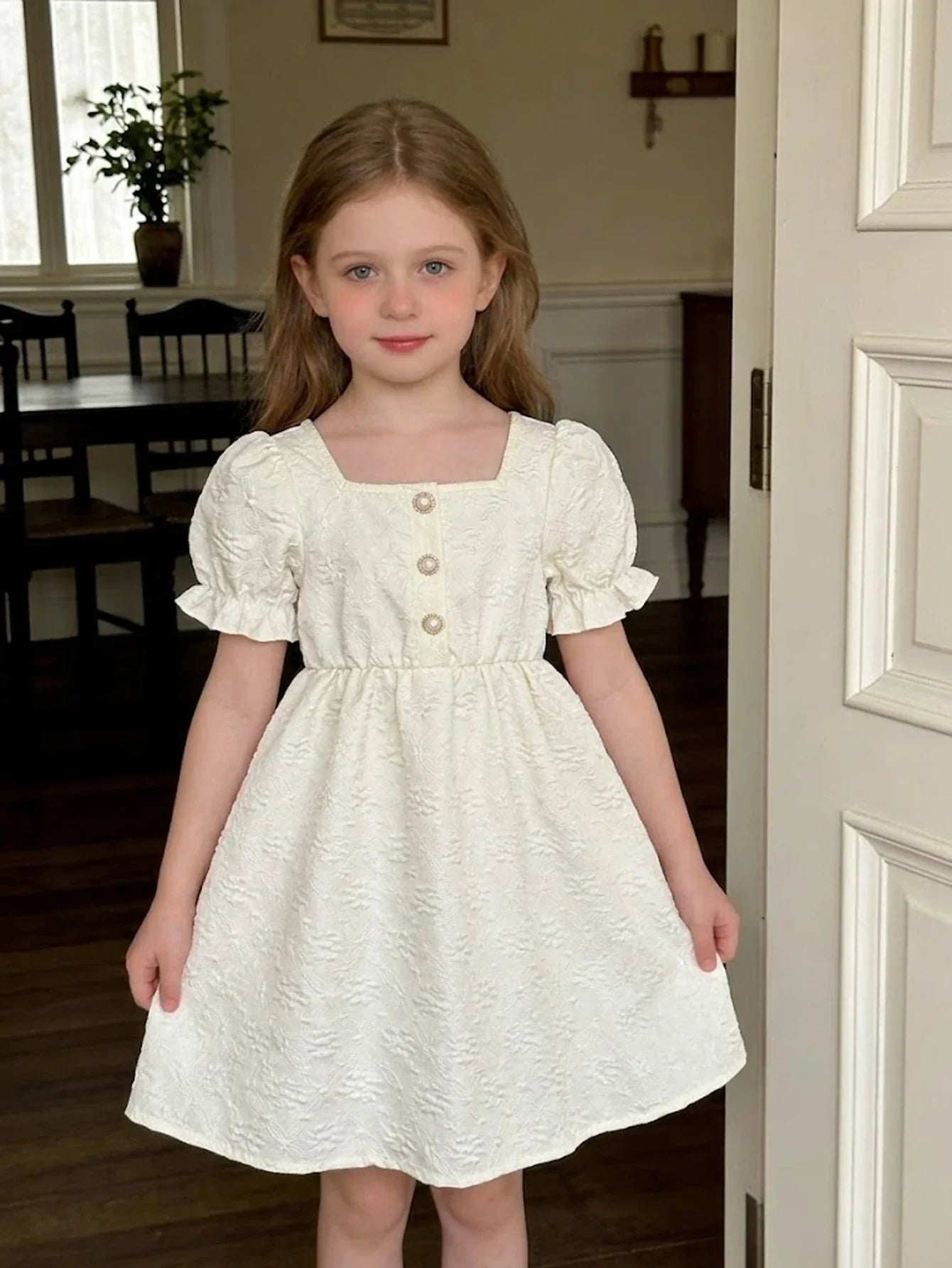 Girls' summer jacquard square neck dress with bubble sleeves, fashionable and sweet pearl buttons, half open collar