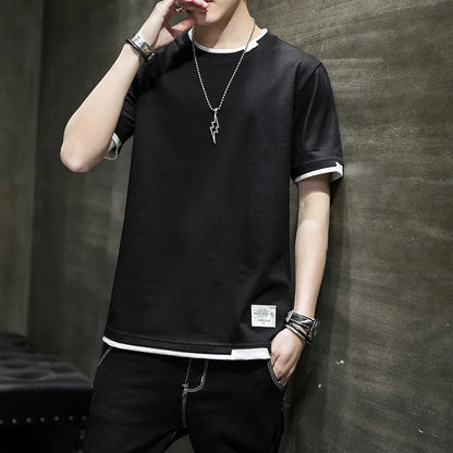 Classic Fake Two Short Sleeved Men's Pure Cotton T-shirt, Men's Summer Men's Interior Matching Trendy Brand T-shirt