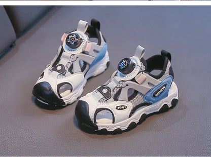 Kids Shoes Rotating Button Closed-Toe Boys Sandals Breathable Mesh Sport Shoes for Boys, Non-Slip Children Summer Sneakers