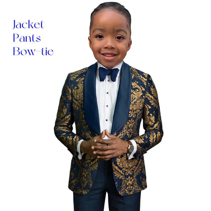 Paisley Slim-Fit Suit Set for Boys with Black or Navy Collar for Weddings