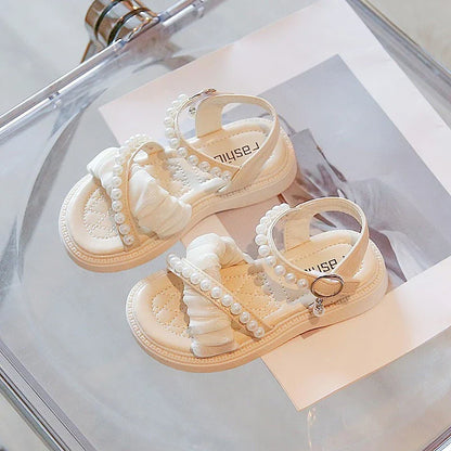 Chic Girls Pearl Flat Sandals 2026 Summer Baby Princess Girls Children Beige Dance Performance Shoes Girl Platform Sandal G05223
