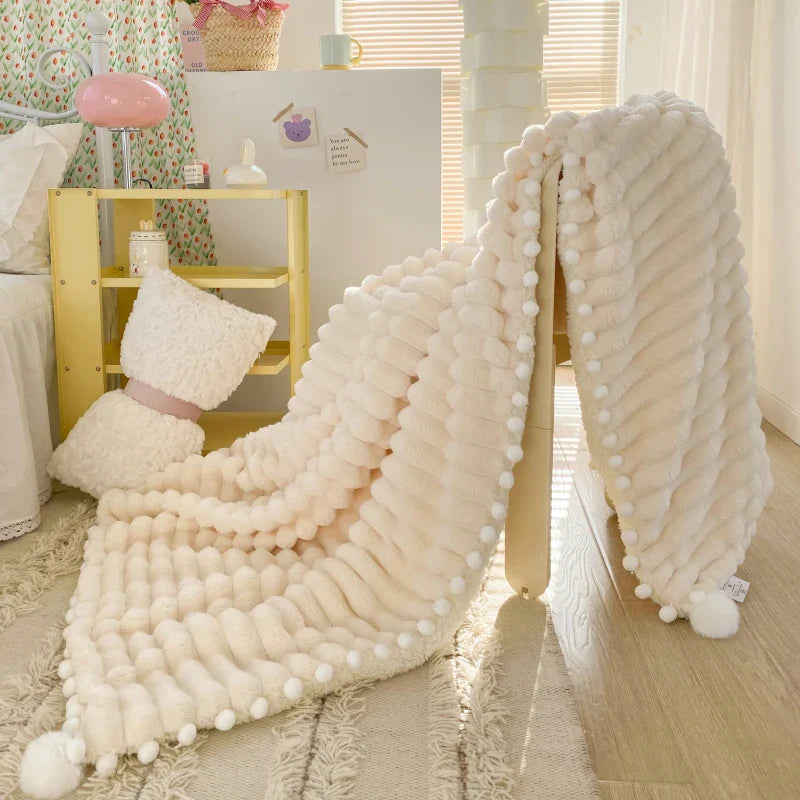 Solid Color Striped Fluffy Blanket Milk Velvet Soft Blanket with Cute Pompoms 3D Stereo Craft Travel Warm Bedding All Season