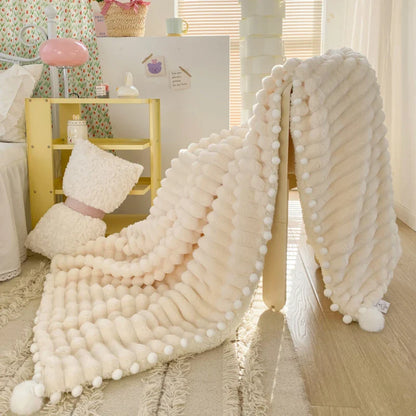Solid Color Striped Fluffy Blanket Milk Velvet Soft Blanket with Cute Pompoms 3D Stereo Craft Travel Warm Bedding All Season