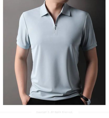 Men's Half-Zip Polo Shirt Light Beige Breathable Casual Slim Fit Stretch Cotton Classic Collar Business Casual Tops