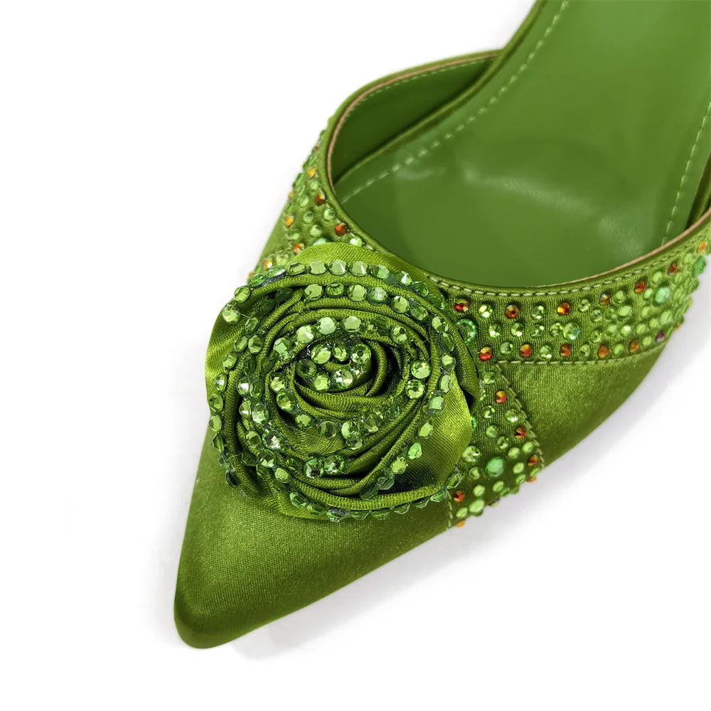 Elegant Rhinestone-Embellished Brown Heeled Shoes and Handbag Set for Women with Floral Decoration – Perfect Small Size Fashion