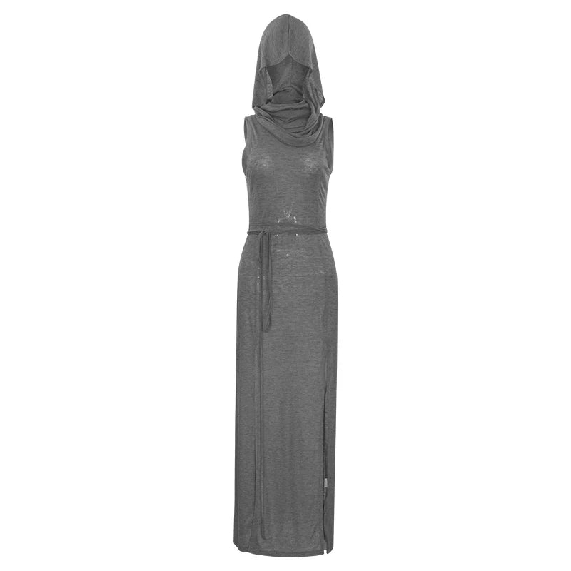 European And American Style Sleeveless Hooded Dress Long Split Hollow out Pure Color Women's Gown