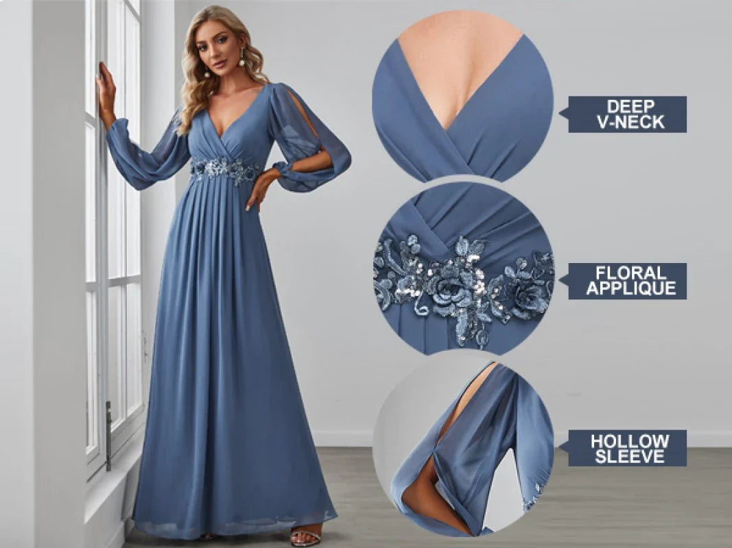 Elegant Women's Evening Dresses Tulle Full Sleeve Sexy V-Neck Prom Gowns Appliques Empire Pleated A-Line Elegant Bridal Dress