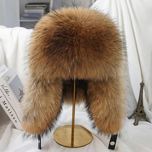 2025 Cap 100% Raccoon Dog Full Fur Fox Fur Hat Men's Fur Ear Protection Winter Thickened and Warm Russian Hat Men's Trend
