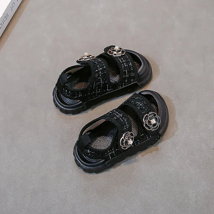 Korean Style Summer Sandals For Girls Luxury Pearl Flower Children's Beach Shoes Ergonomics Soft-soled Kid's Girl's Sandals