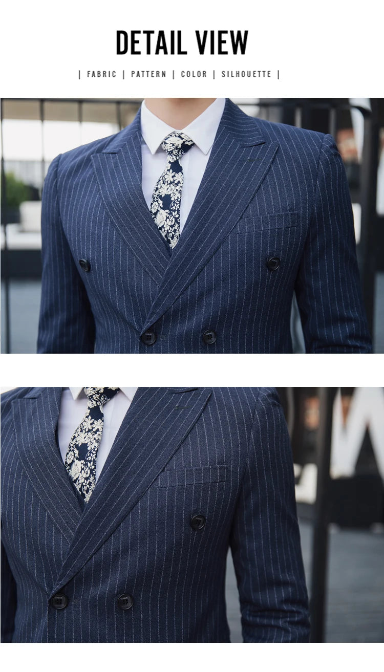 S-5XL ( Blazer + Pants ) Men's High-end Brand Formal Double Breasted Suit Gray 2 Piece Set Wedding Dress Plaid Suit Groom Party