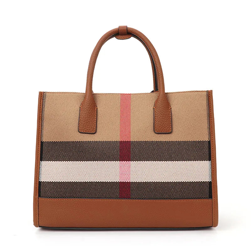 Fashion Plaid Canvas Women's Handbag Classic Versatile Large Capacity Cowhide Single Shoulder Crossbody Bag