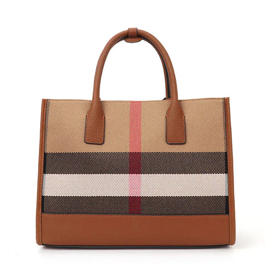 Fashion Plaid Canvas Women's Handbag Classic Versatile Large Capacity Cowhide Single Shoulder Crossbody Bag