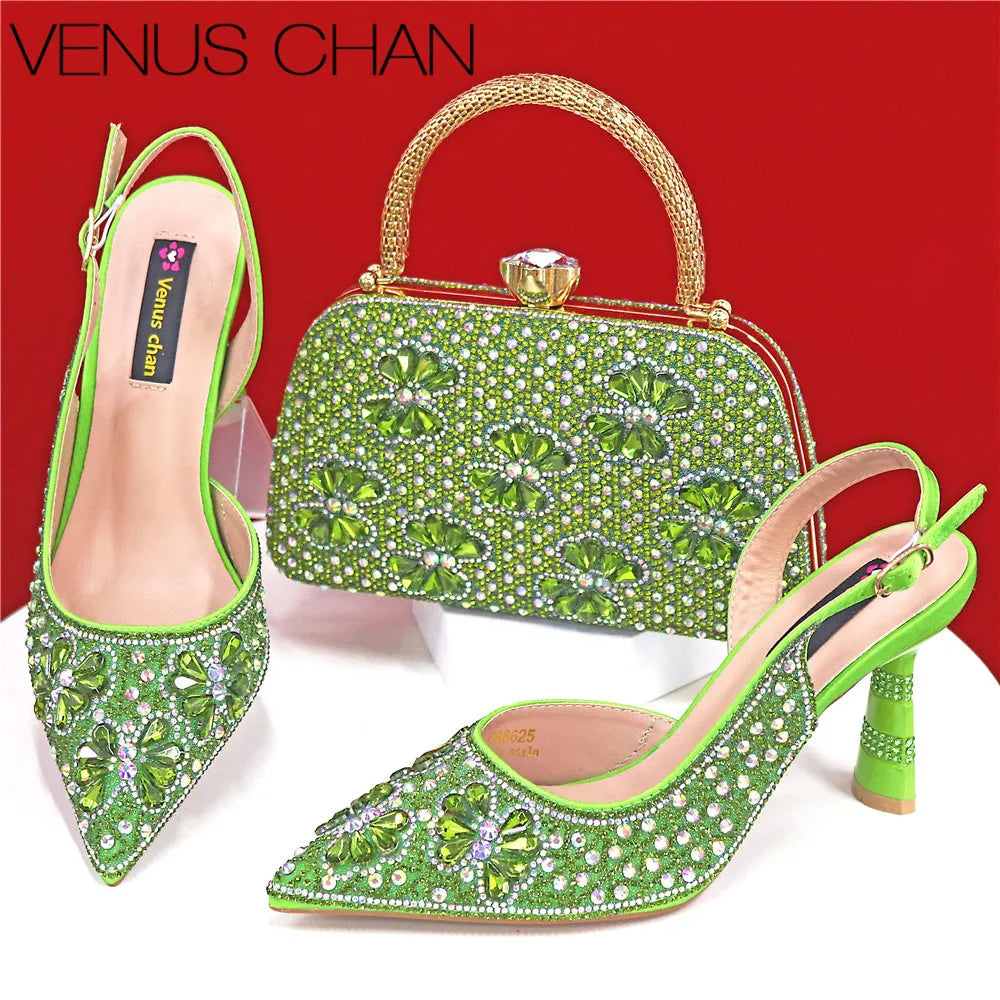 Nigerian Heel Party for Women Pink Color Shoes and Bag Set Rhinestone Handbag Italian Design Wedding INS 2025