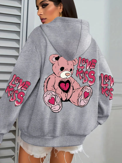 Pink Love Kiss Art Letter Prints Hoodies Women Pocket Autumn Hoody Fleece Multicolor Streetwear Unisex Hip Hop Y2K Clothing