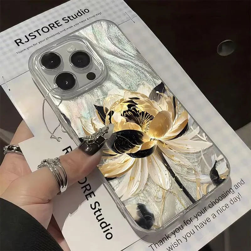 Pink Peony Lotus Print Phone Case for IPhone 16 15 14 13 12 11 17 Air Pro Max 15 Pro 7 8 Plus 16e Shockproof Silver Plated Cover