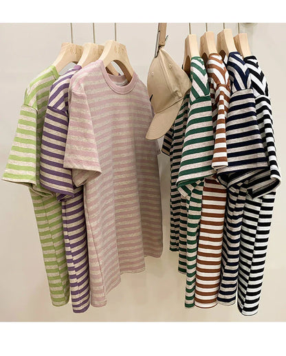 Summer Short Sleeve Striped T-Shirts Versatile Women Knitted Basic Casual Tops Female Cozy Loose Cotton Tees 2023 Harajuku Shirt