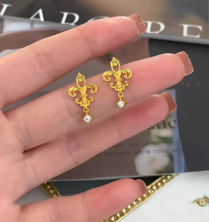 24K Real Gold Iris Earrings 9999 Ancient Fashionable and Versatile Women's Earrings Niche Design Earrings