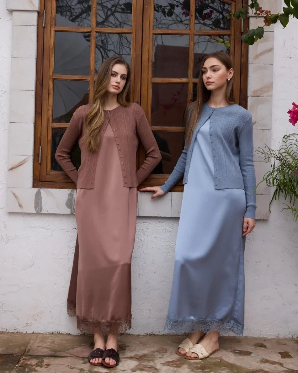 Lace slip satin dress + lace satin skirt +knitting vest + knitting cardigan collection woman dressy outfit